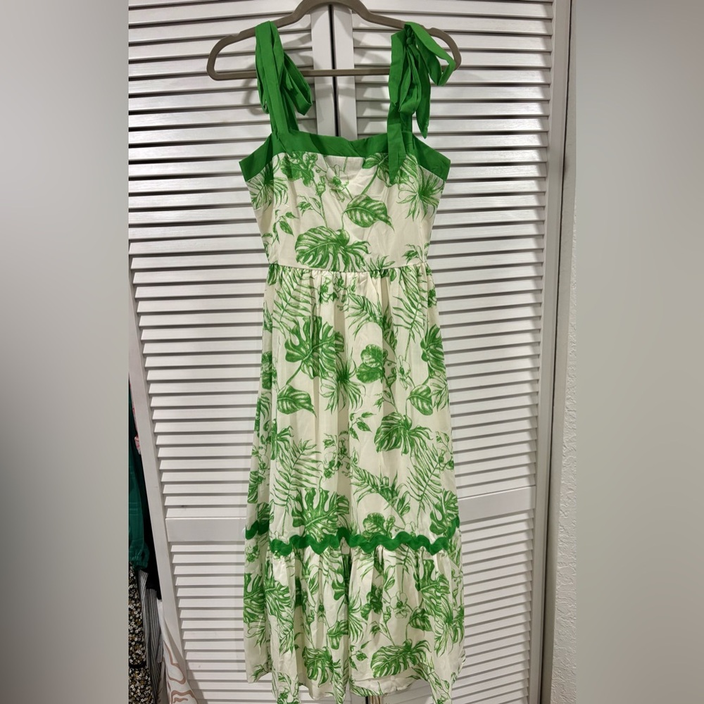 Flying Tomato Green Tropical Print Midi Dress Tie Shoulder | Size Small